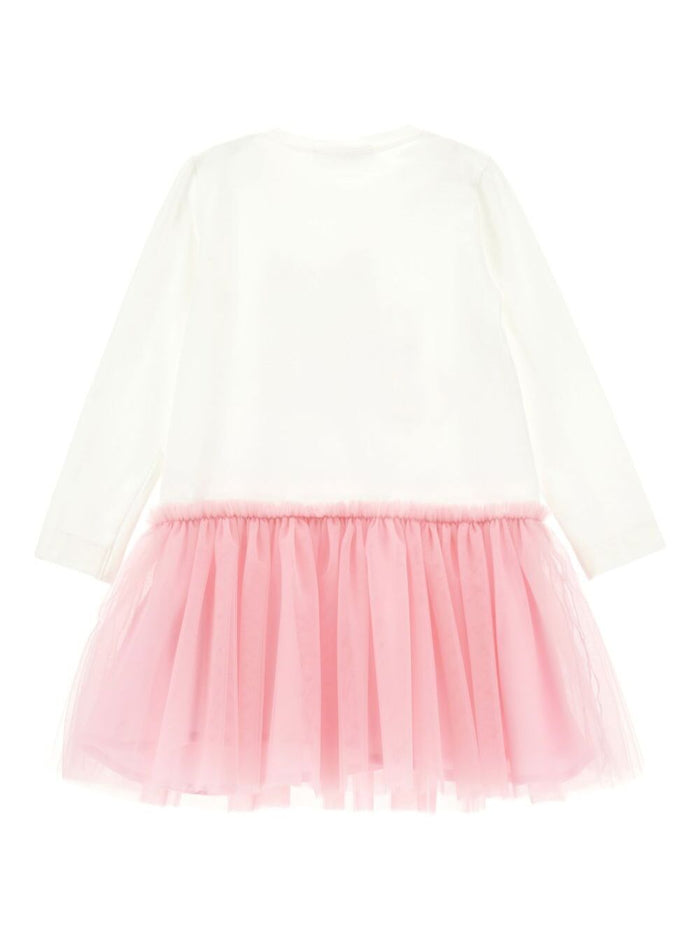 White Dress With Front Print And Built-Skirt Cotton Blend Girl Elastane
