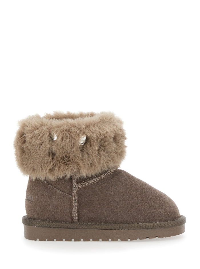 Brown Ankle Boots With Faux Fur Design Suede Girl Leather