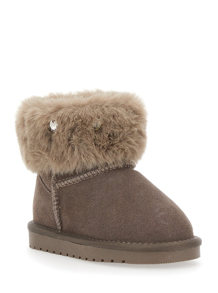 Brown Ankle Boots With Faux Fur Design Suede Girl Leather