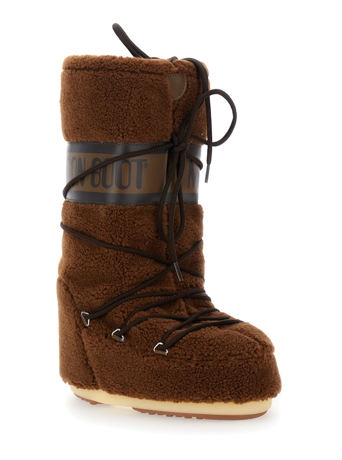 Icon Brown Snow Boots with Maxi Logo Print on the Side in Fleece Woman Acrilyc Polyester Pvc