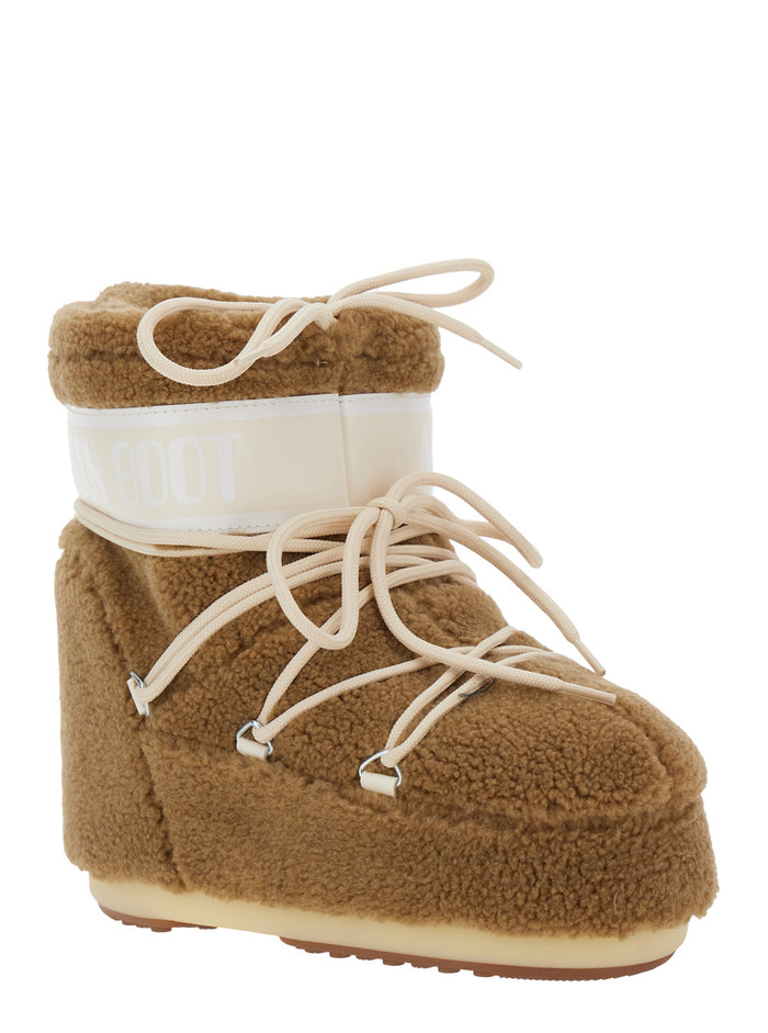 Icon Brown Snow Ankle Boots with Maxi Logo Print on the Side in Fleece Woman Beige Acrilyc Polyester Pvc