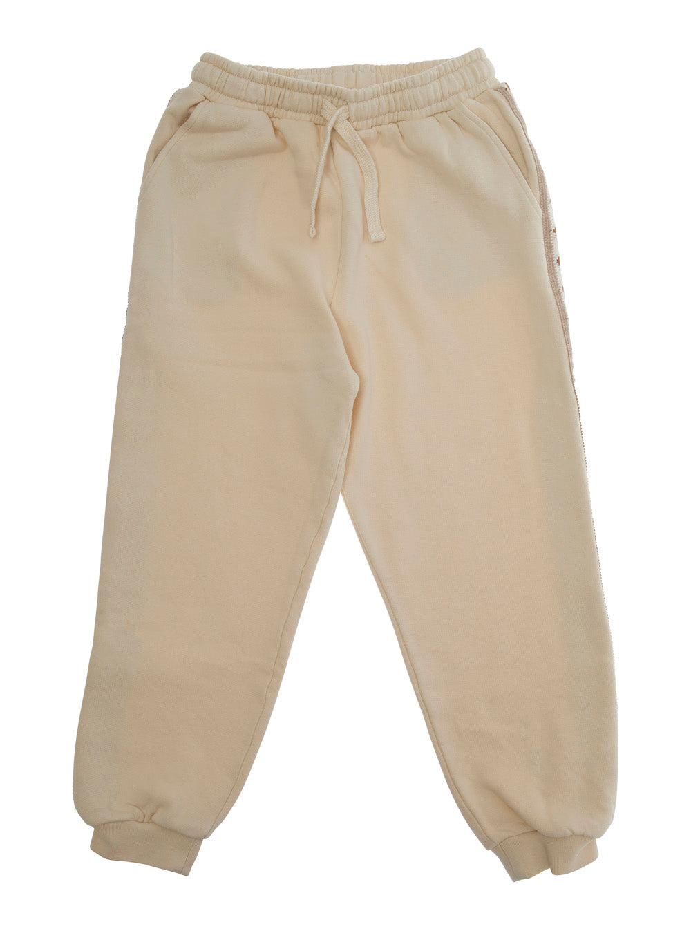 Gio White Pants with Elastic Drawstring Waist and Embroidery on the Side in Cotton Girl Trousers