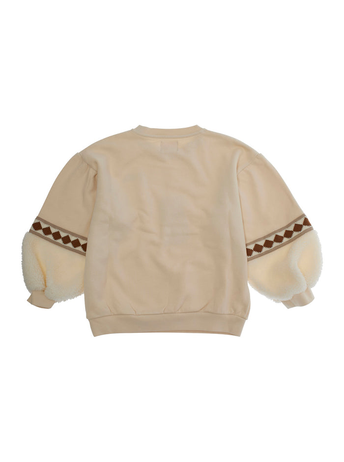White Mati Crewneck Sweatshirt with Embroidery on the Sleeve and Logo Lettering Front in Cotton Girl Sweatshirts