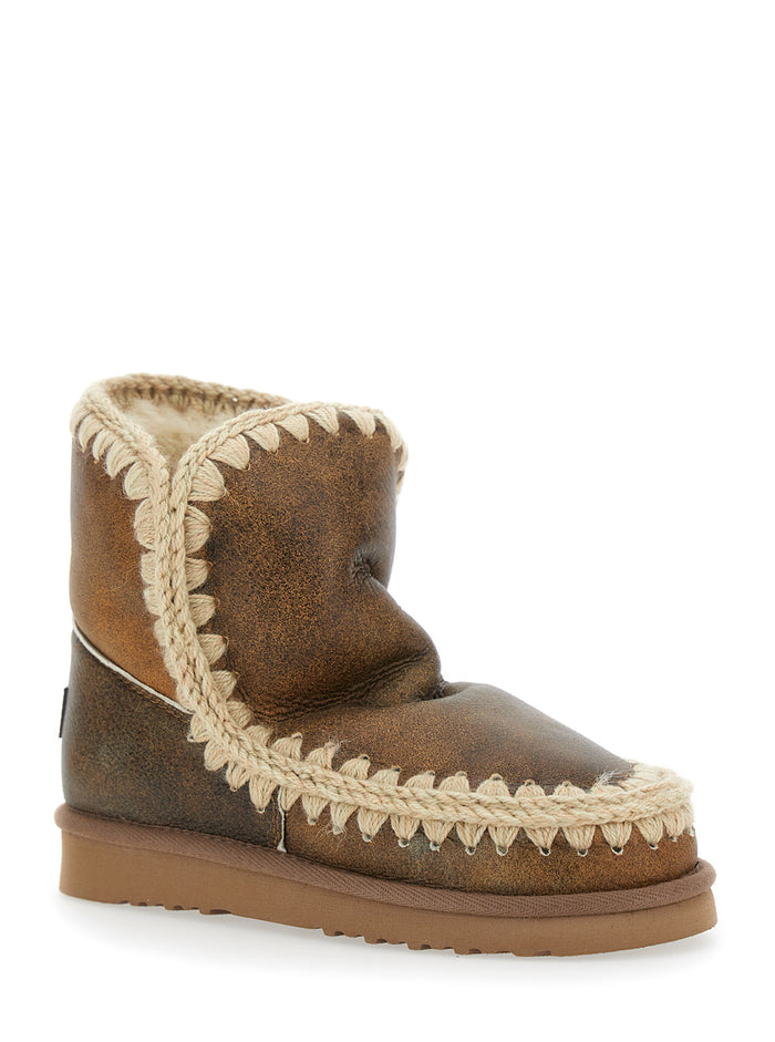 Eskimo Brown Ankle Boots with Crochet Details and Logo Patch on the Rear in Suede Woman Sheep