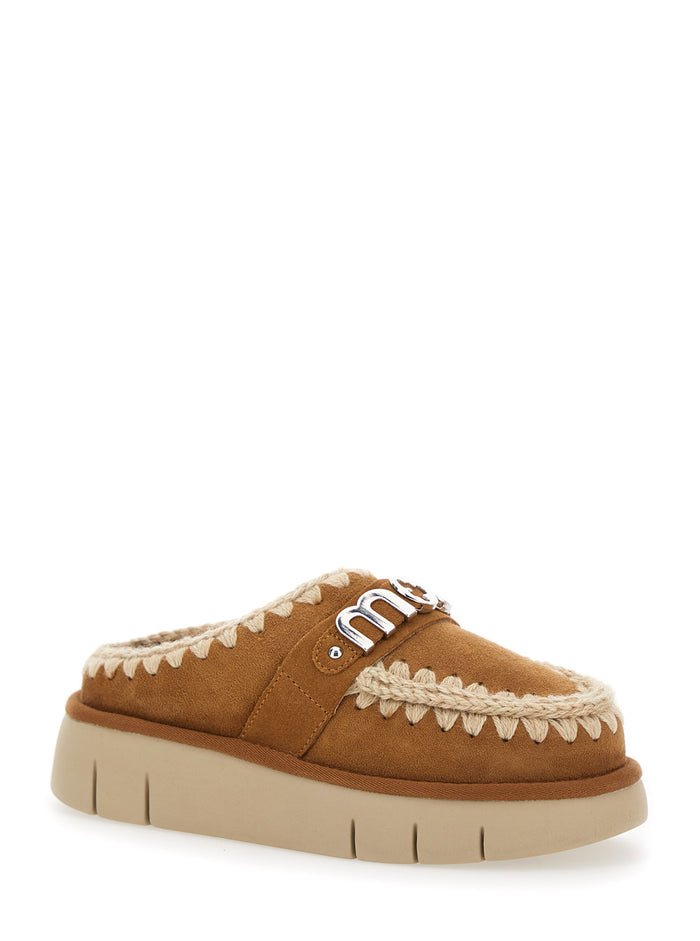 Bounce Beige Mules with Logo Lettering and Open Rear in Leather Woman Brown Sheep Flat Shoes