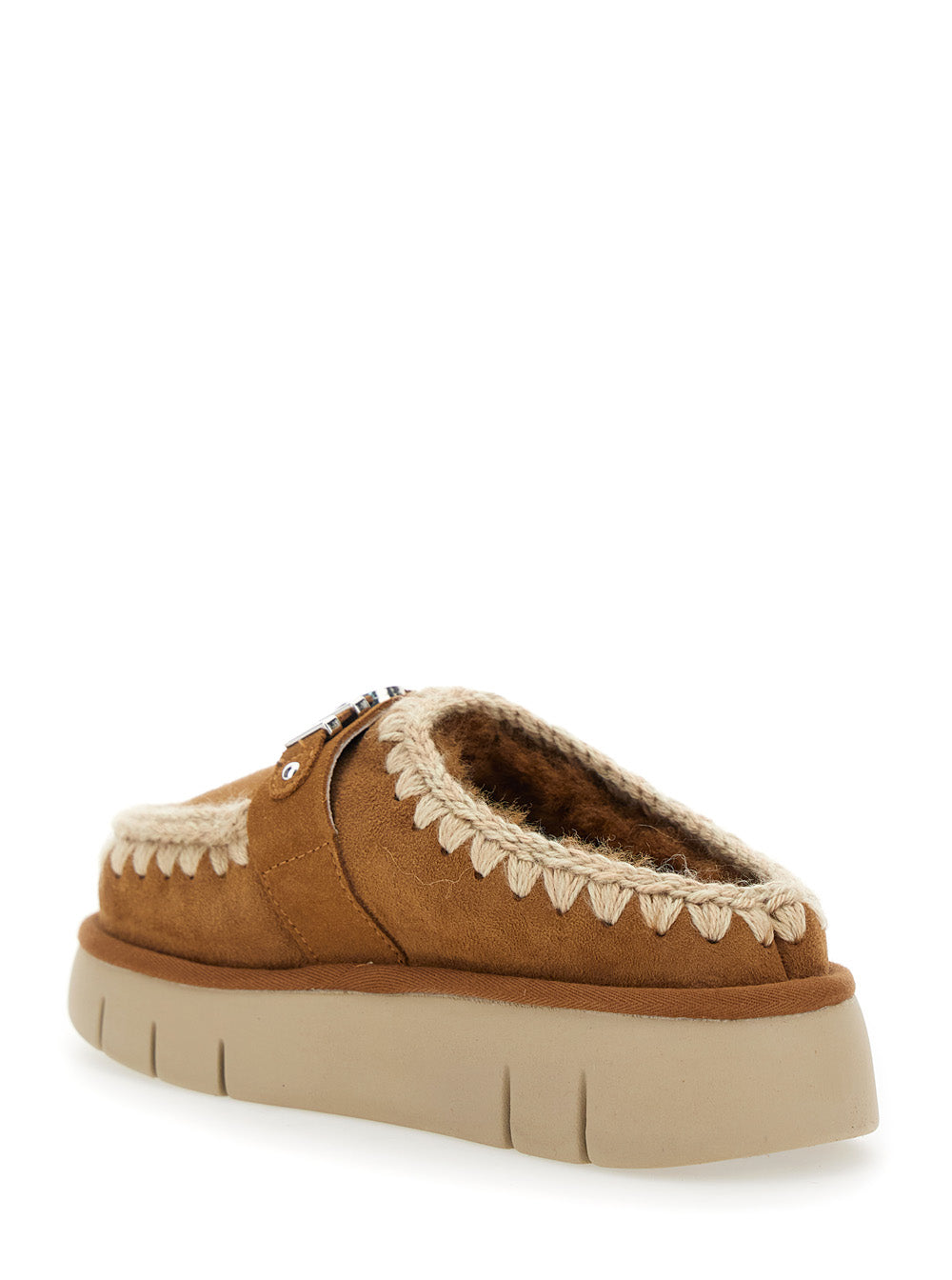 Bounce Beige Mules with Logo Lettering and Open Rear in Leather Woman Brown Sheep Flat Shoes