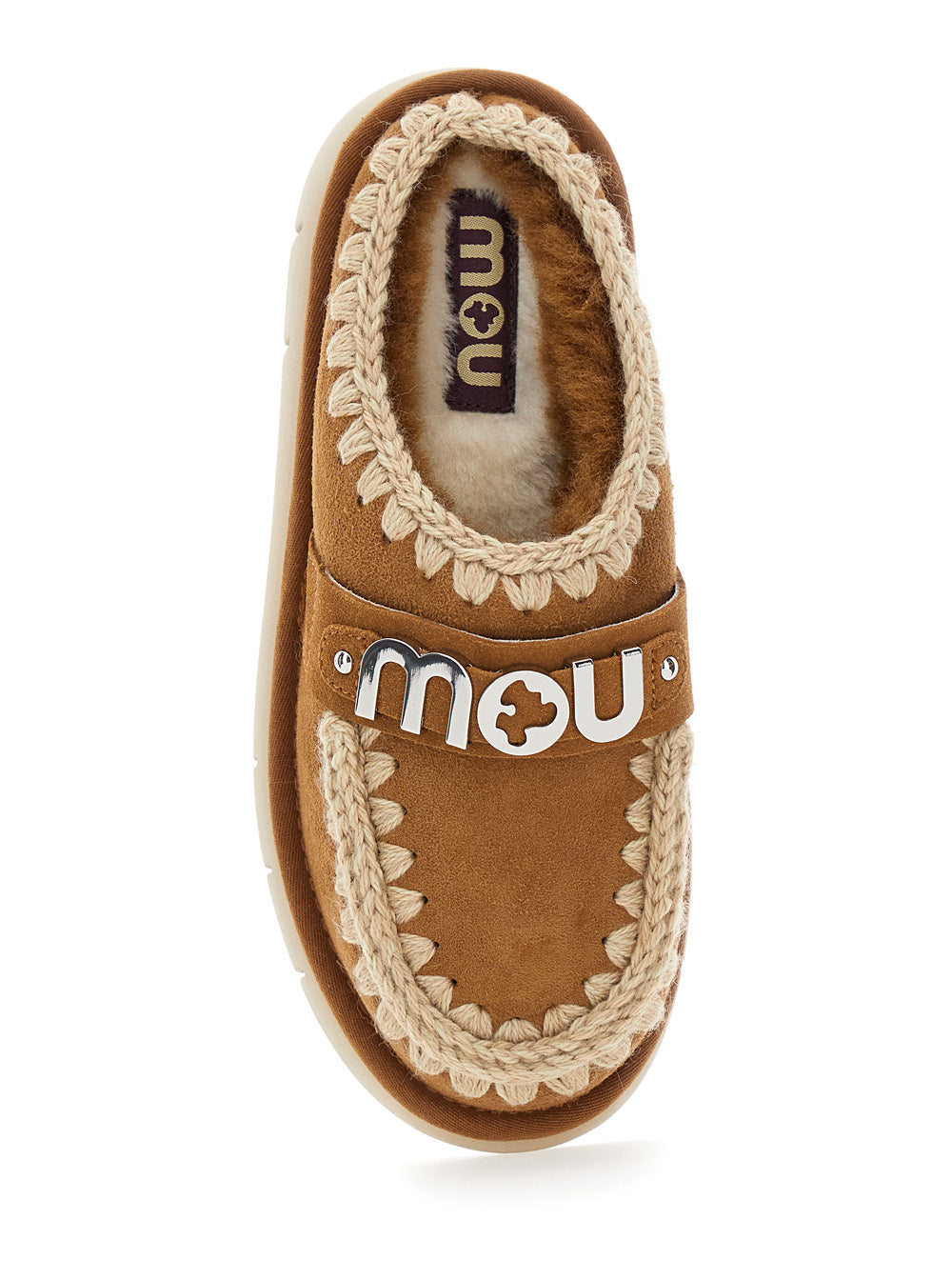 Bounce Beige Mules with Logo Lettering and Open Rear in Leather Woman Brown Sheep Flat Shoes