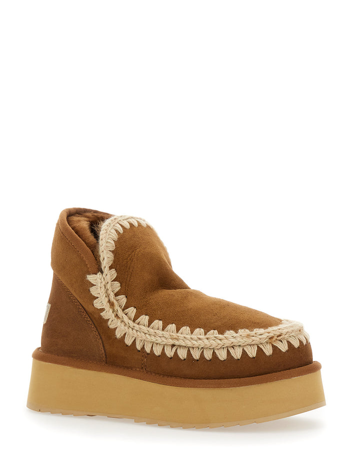 Mini Eskimo Beige Ankle Boots with Logo Patch on the Rear in Leather and Suede Woman Brown Sheep