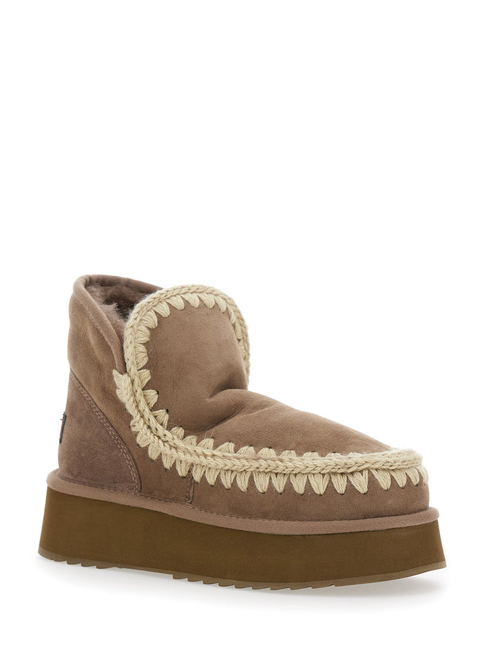 Mini Eskimo Brown Ankle Boots with Logo Patch on the Rear in Leather and Suede Woman Grey Sheep
