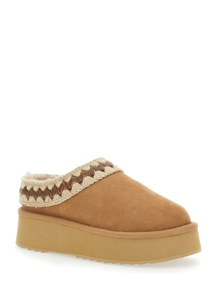 Beige Mules with Braided Detail in Suede Woman Sheep Flat Shoes