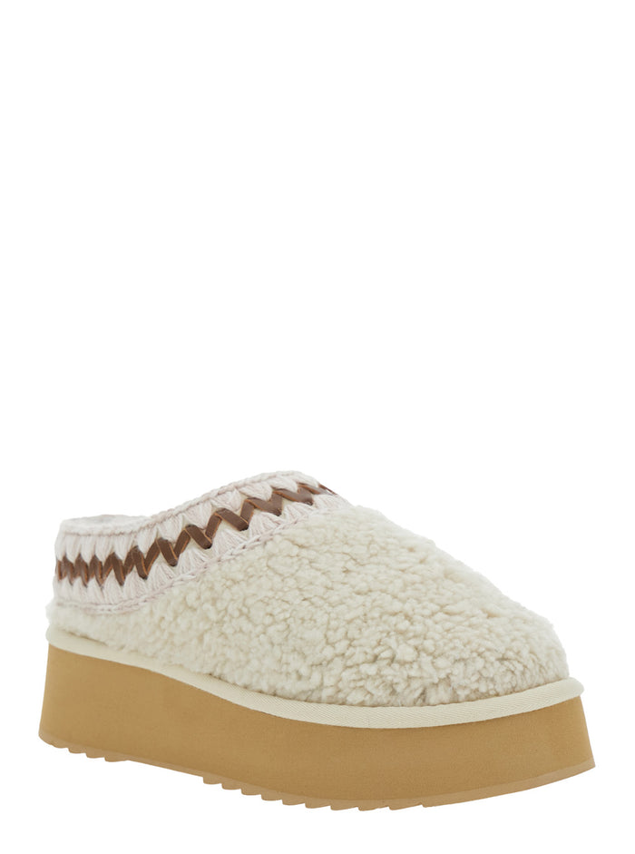 White Mules with Braided Detail in Faux Fur Woman Sheep Flat Shoes