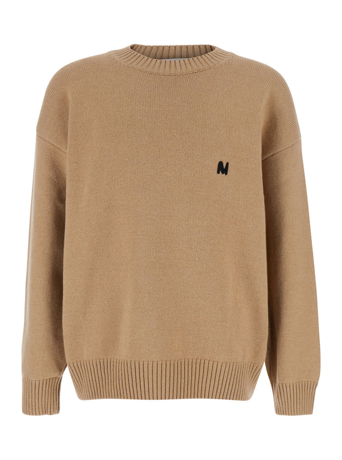 Beige Crew Neck Sweater with Front Logo in Wool Man Merino Cashmere Jersey