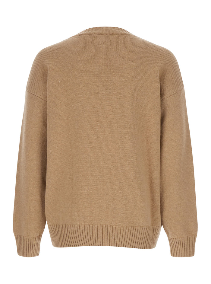 Beige Crew Neck Sweater with Front Logo in Wool Man Merino Cashmere Jersey