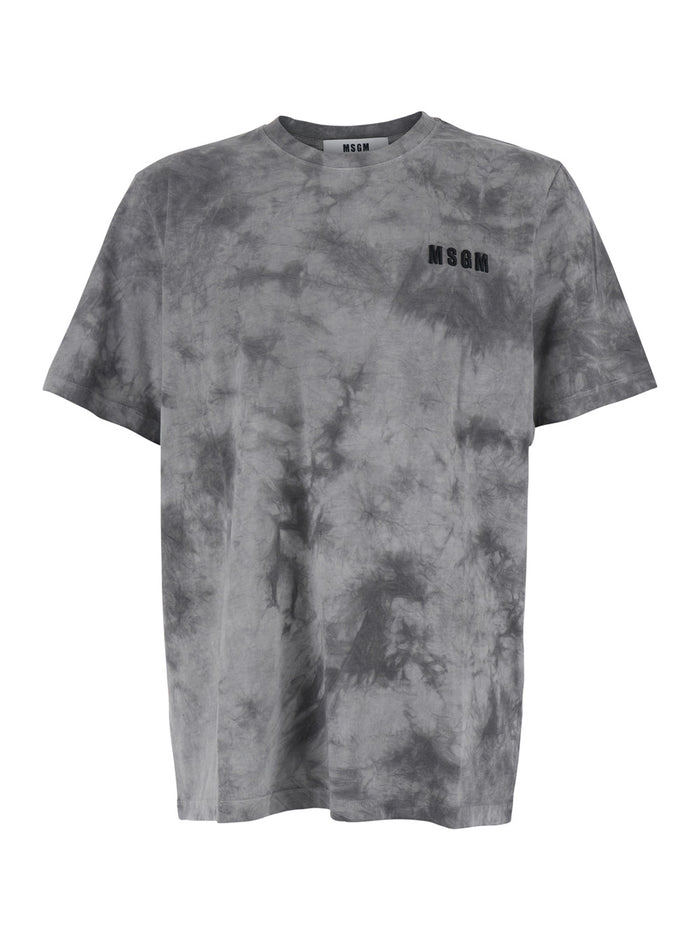 Grey T-Shirt with Embroidered Logo on the Front and All-Over Tye-Die Print in Cotton Man Tshirts Polo Shirts