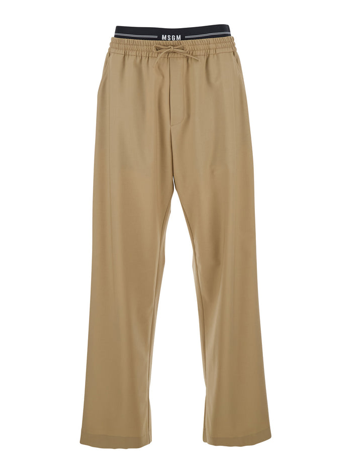 Beige Pants with Elastic Drawstring Waist in Wool Stretch Man Virgin Elastane Trousers