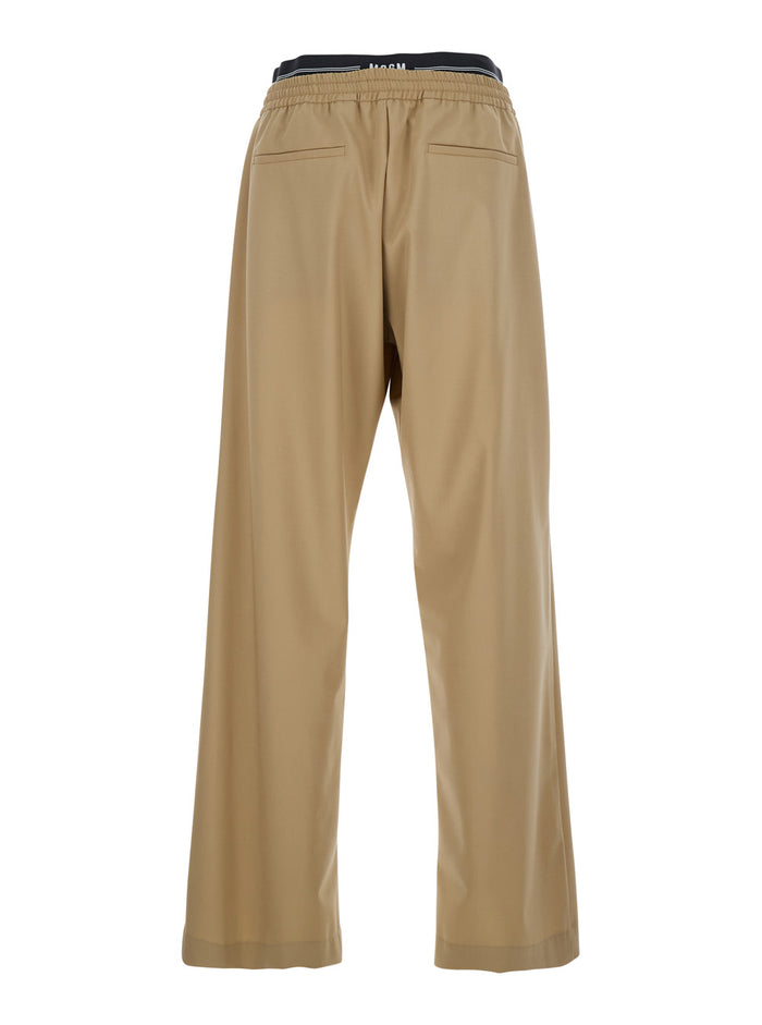 Beige Pants with Elastic Drawstring Waist in Wool Stretch Man Virgin Elastane Trousers