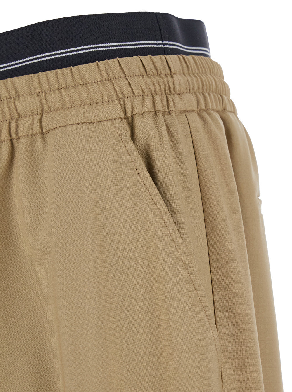 Beige Pants with Elastic Drawstring Waist in Wool Stretch Man Virgin Elastane Trousers
