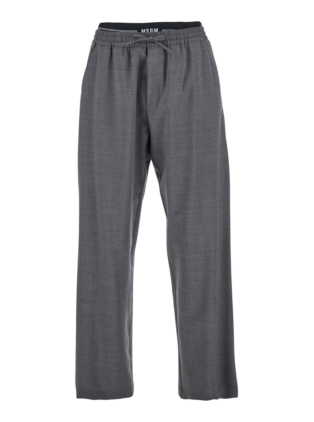 Grey Pants with Elastic Drawstring Waist in Wool Stretch Man Virgin Elastane Trousers