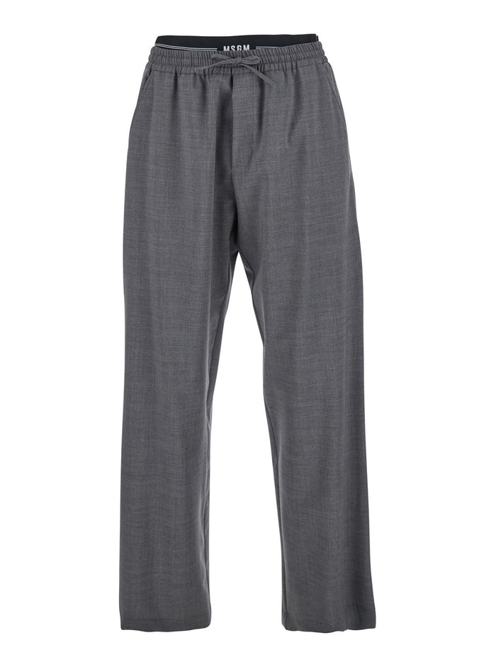 Grey Pants with Elastic Drawstring Waist in Wool Stretch Man Virgin Elastane Trousers