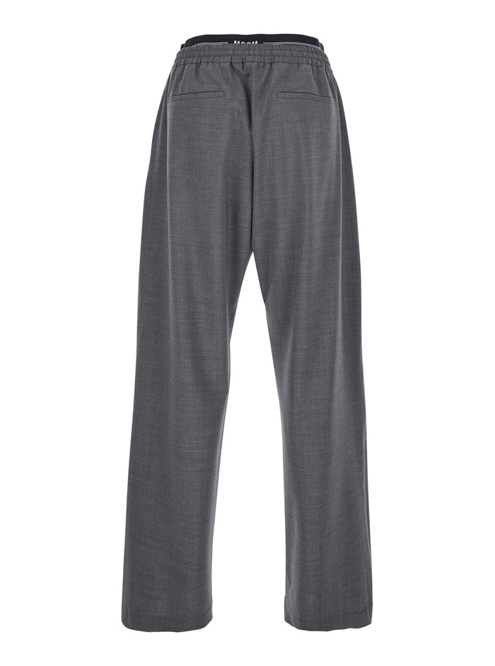 Grey Pants with Elastic Drawstring Waist in Wool Stretch Man Virgin Elastane Trousers
