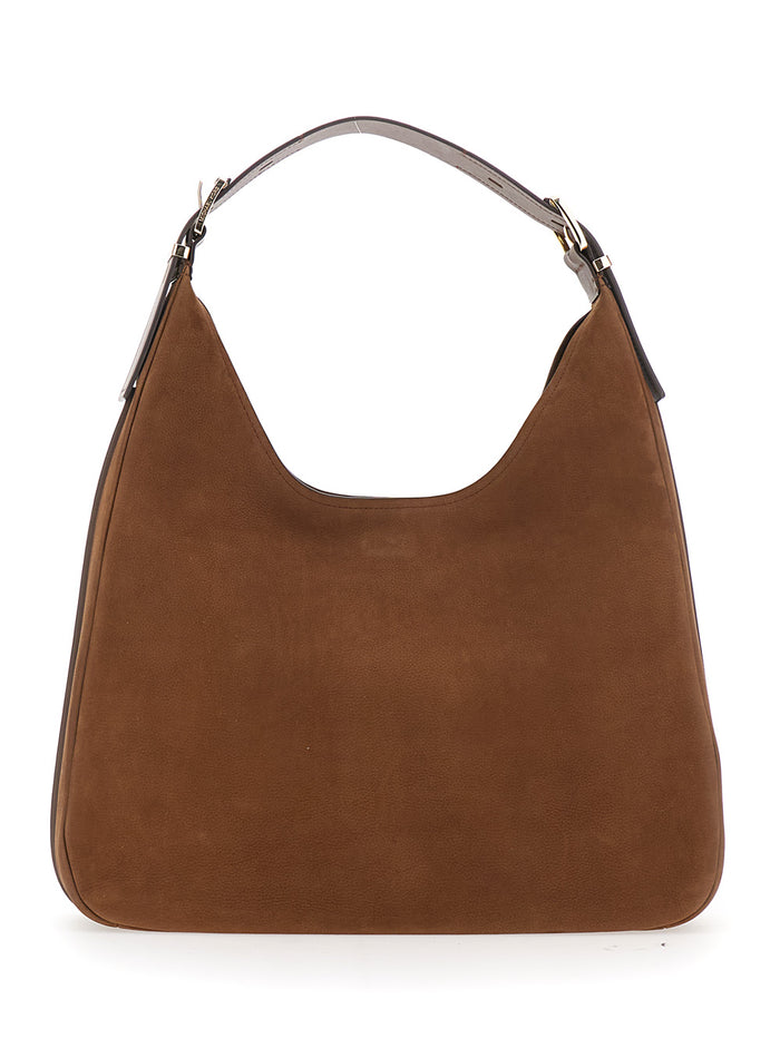 Brown Shoulder Bag with Logo Lettering on the Front in Leather Woman Cow