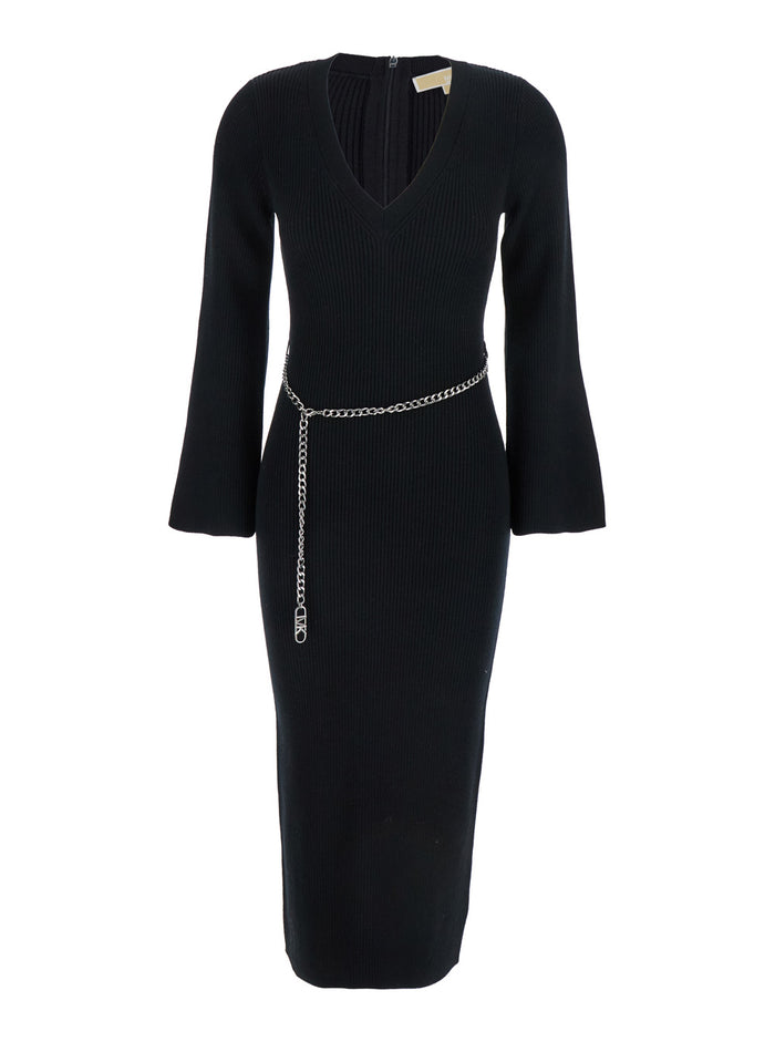 Black Dress with Chain Belt and Logo Plaque on the Rear in Wool Blend Stretch Woman Nylon Elastane