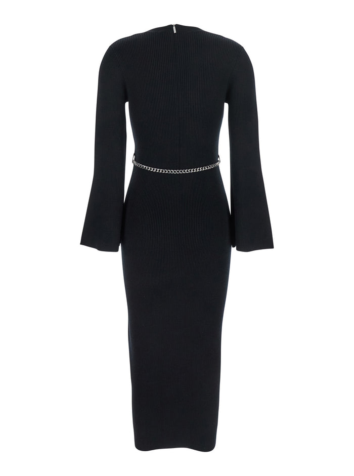 Black Dress with Chain Belt and Logo Plaque on the Rear in Wool Blend Stretch Woman Nylon Elastane