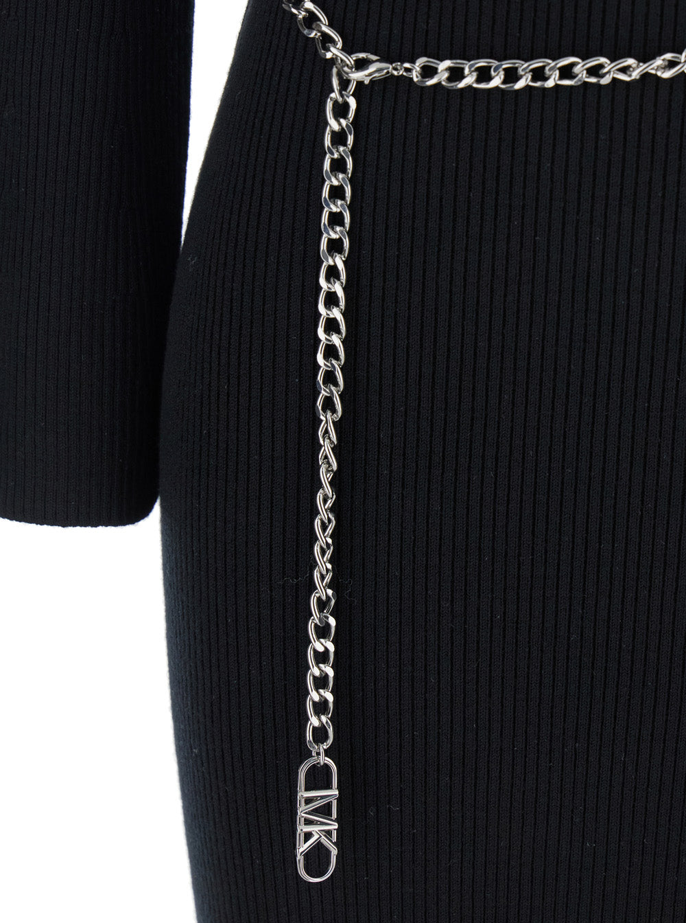 Black Dress with Chain Belt and Logo Plaque on the Rear in Wool Blend Stretch Woman Nylon Elastane