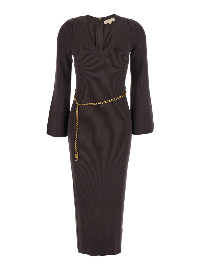 Brown Dress With Chain Belt And Logo Plaque On The Rear Wool Blend Stretch Woman Nylon Elastane