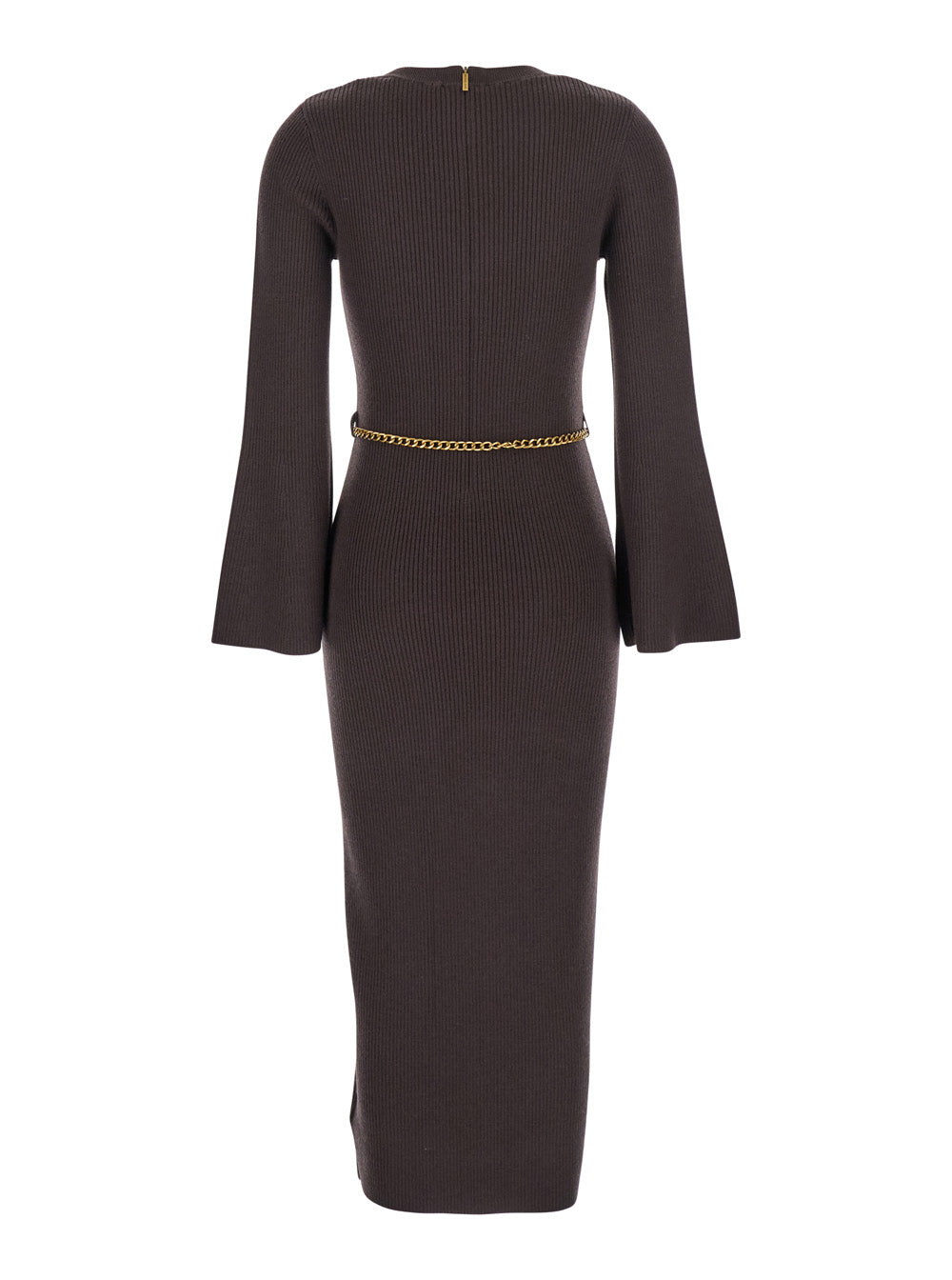 Brown Dress With Chain Belt And Logo Plaque On The Rear Wool Blend Stretch Woman Nylon Elastane