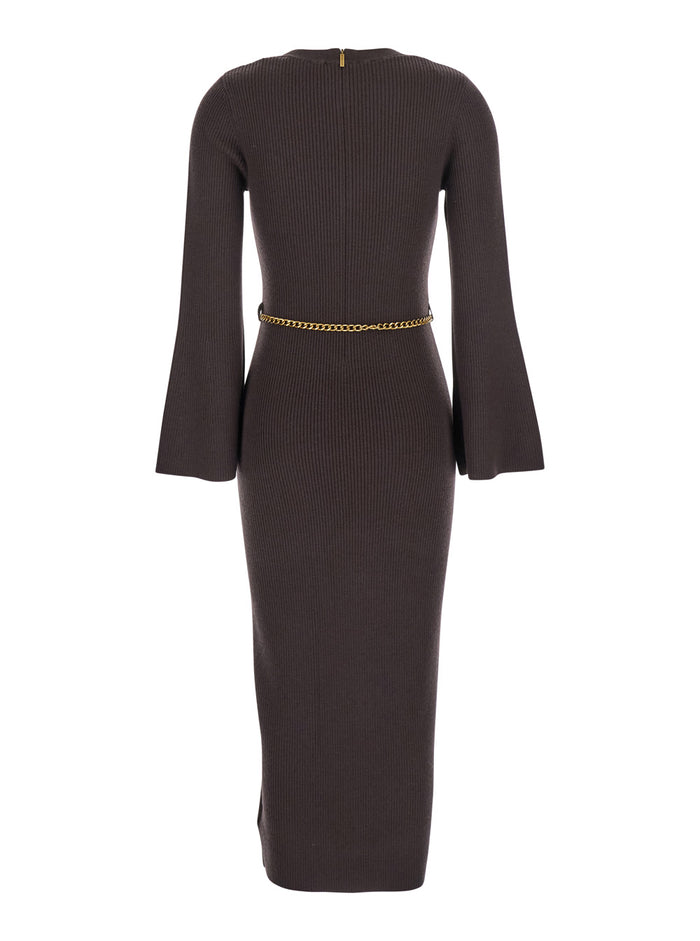 Brown Dress With Chain Belt And Logo Plaque On The Rear Wool Blend Stretch Woman Nylon Elastane