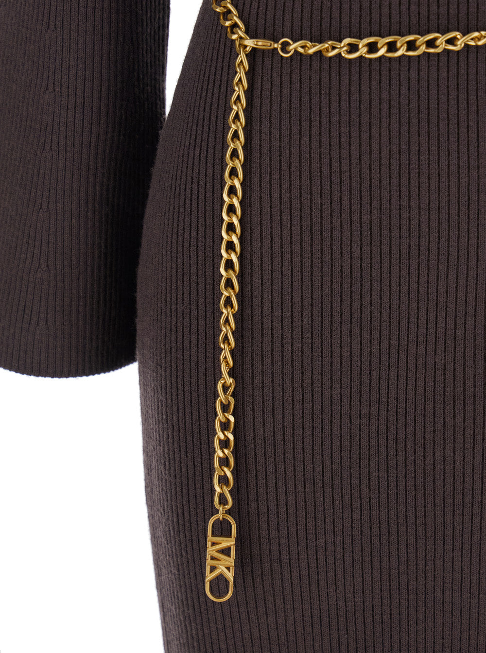 Brown Dress With Chain Belt And Logo Plaque On The Rear Wool Blend Stretch Woman Nylon Elastane