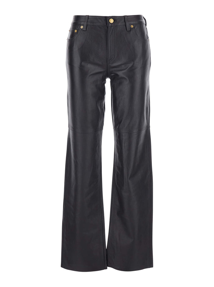 Brown Pants with Belt Loops in Leather Woman Lamb Trousers