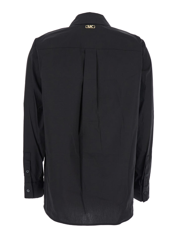 Black Shirt with Button-Down Collar and One Front Patch Pocket in Cotton Stretch Woman Organic Elastane Blouses