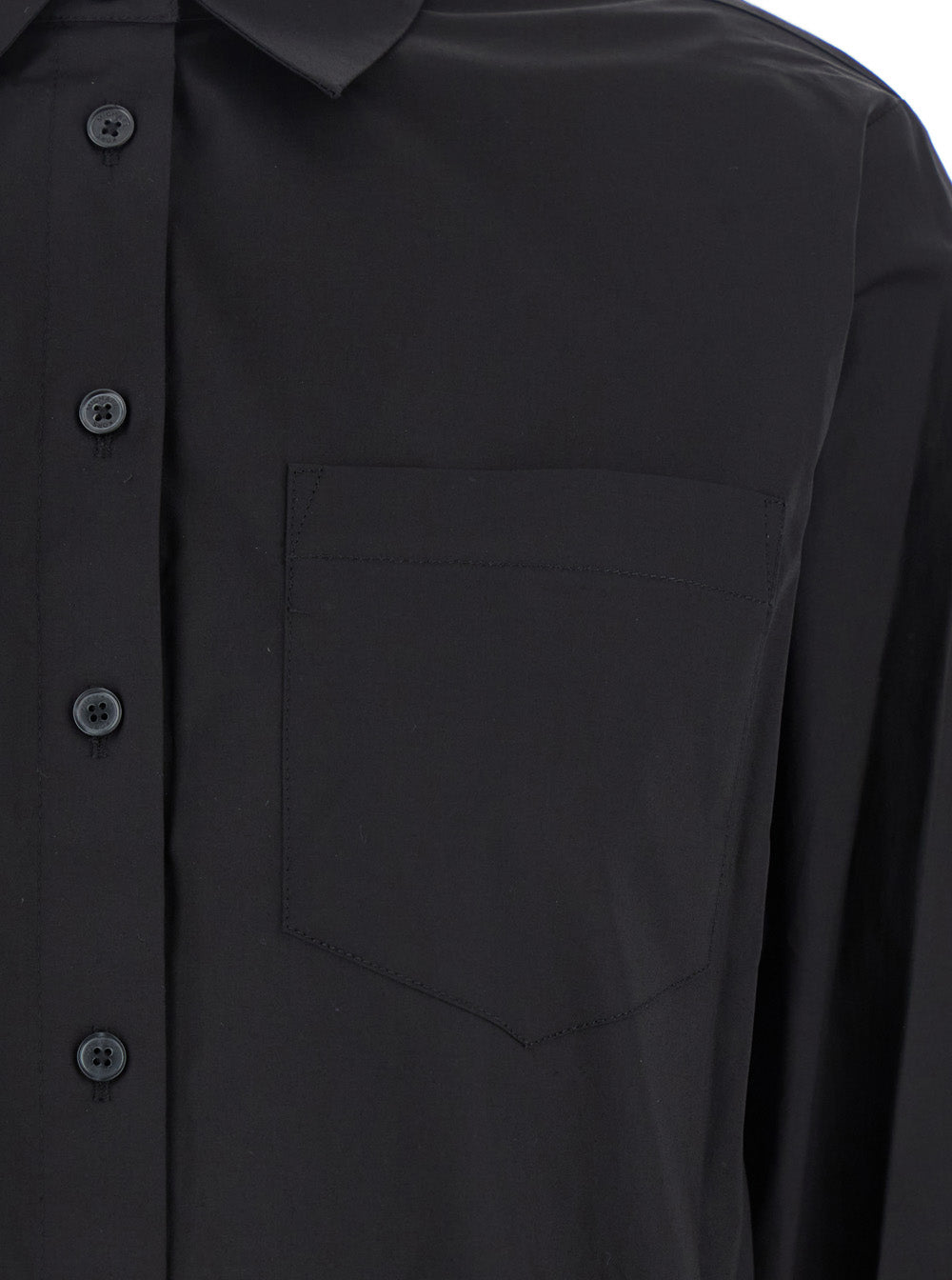 Black Shirt with Button-Down Collar and One Front Patch Pocket in Cotton Stretch Woman Organic Elastane Blouses