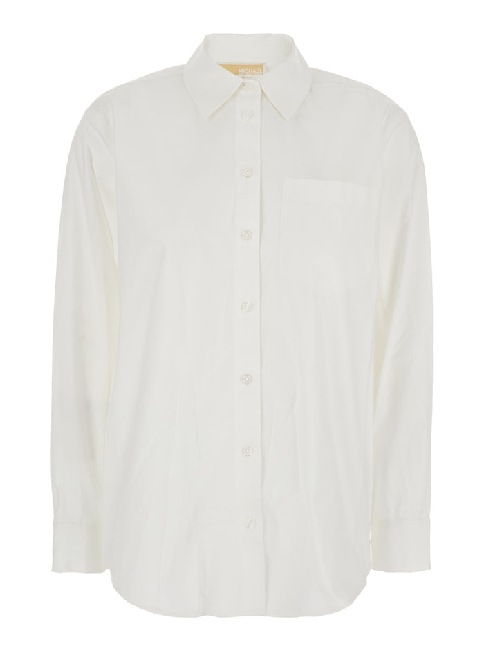 White Shirt with Button Down Collar and Logo Plaque on the Rear in Cotton Stretch Woman Organic Elastane Blouses