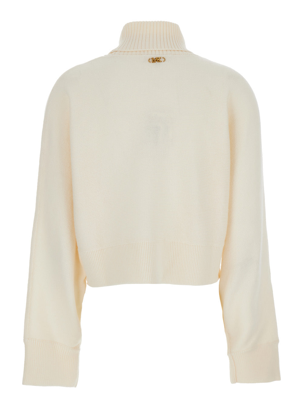 White Turtleneck Cropped Sweater with Logo Plaque on the Rear in Wool Woman Merino Jersey