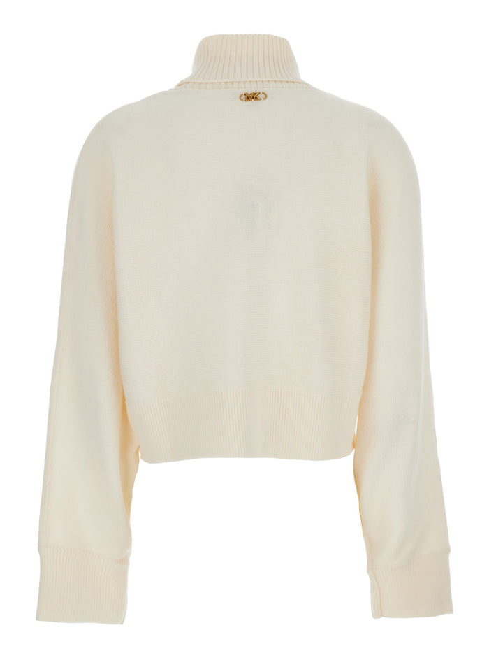 White Turtleneck Cropped Sweater with Logo Plaque on the Rear in Wool Woman Merino Jersey