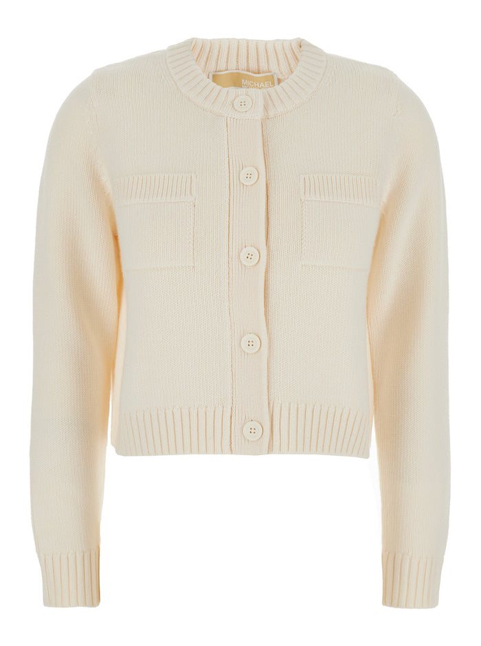 White Crewneck Cardigan with Ribbed Trims in Wool Woman Merino Jersey
