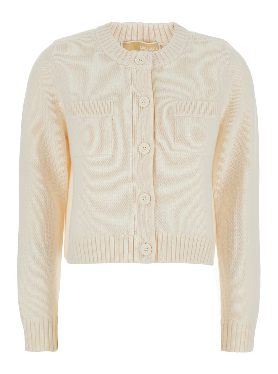 White Wool Crewneck Cardigan With Ribbed Trims Merino Tops
