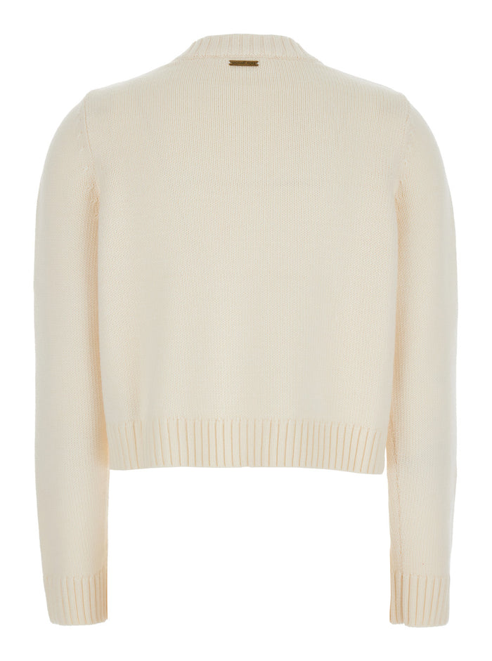 White Crewneck Cardigan with Ribbed Trims in Wool Woman Merino Jersey