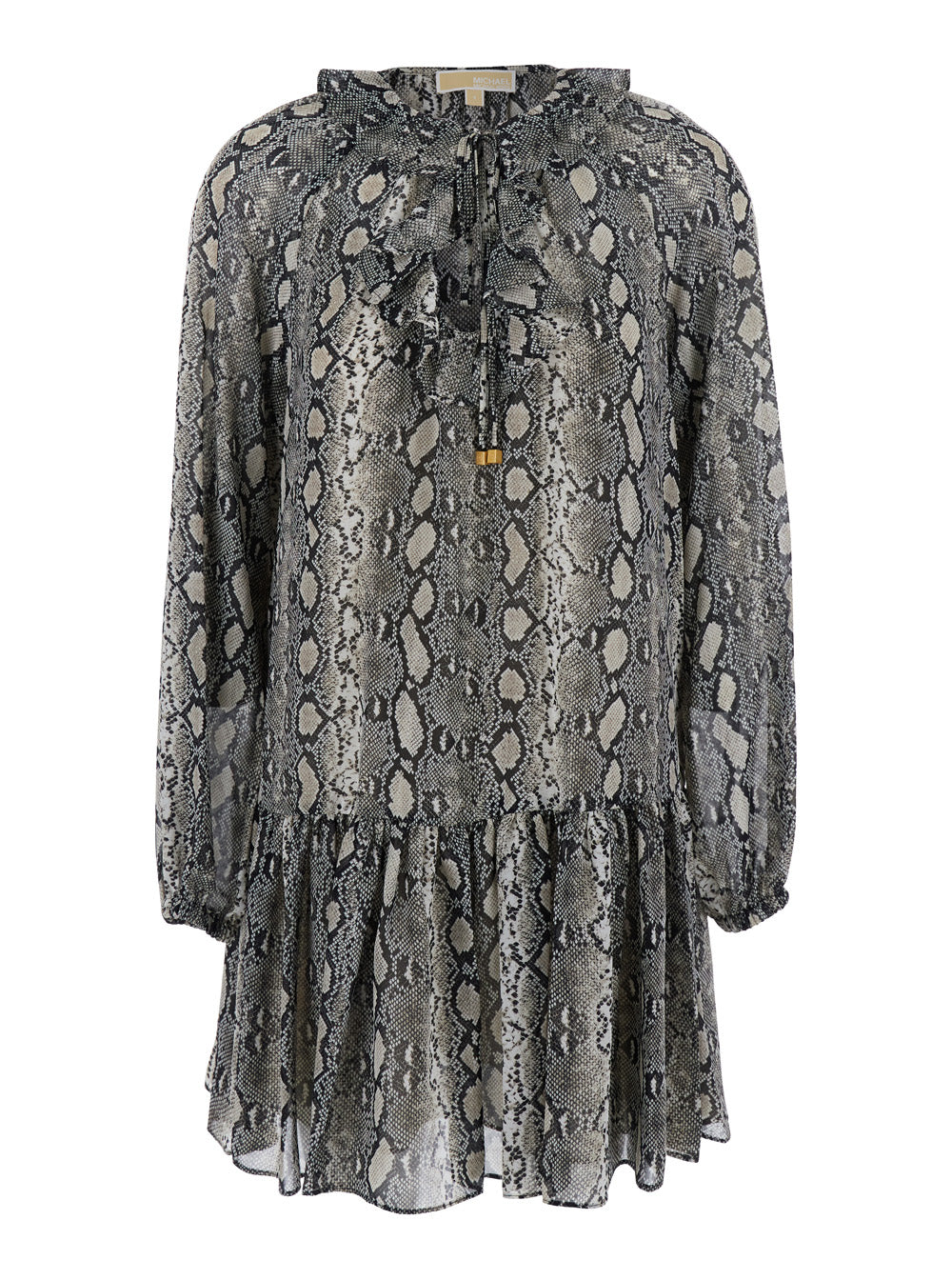 Grey Crewneck Mini Dress with Long Puffed Sleeves and All-Over Snakeskin Print in Tech Fabric Woman Recycled Polyester