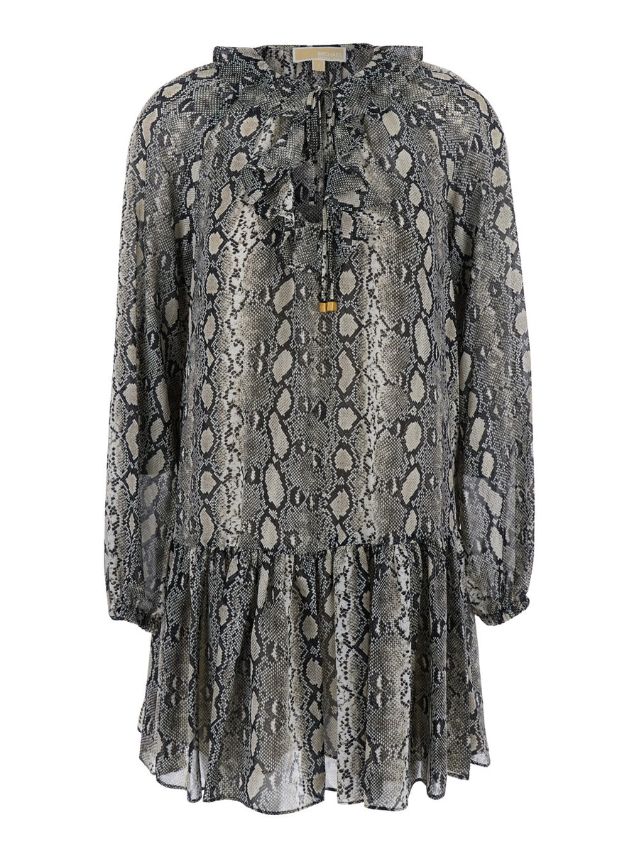 Grey Crewneck Mini Dress With Snakeskin Print Recycled Polyester