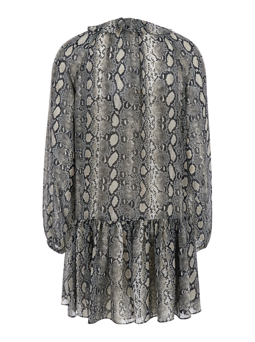 Grey Crewneck Mini Dress with Long Puffed Sleeves and All-Over Snakeskin Print in Tech Fabric Woman Recycled Polyester