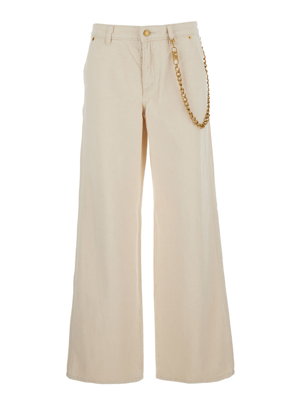 Beige Wide Leg Jeans With Chain Detail Cotton