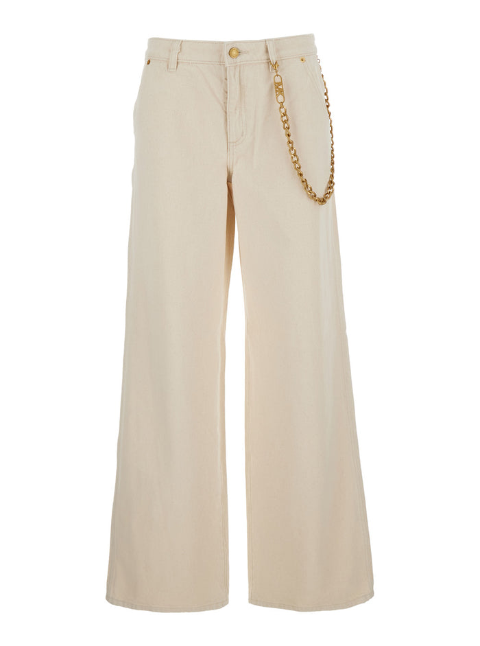 Beige Jeans with Wide Leg and Chain Detail in Denim Woman Cotton