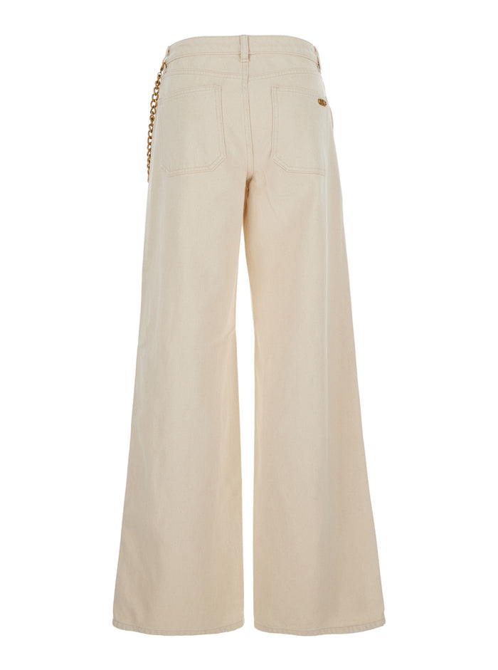 Beige Jeans with Wide Leg and Chain Detail in Denim Woman Cotton