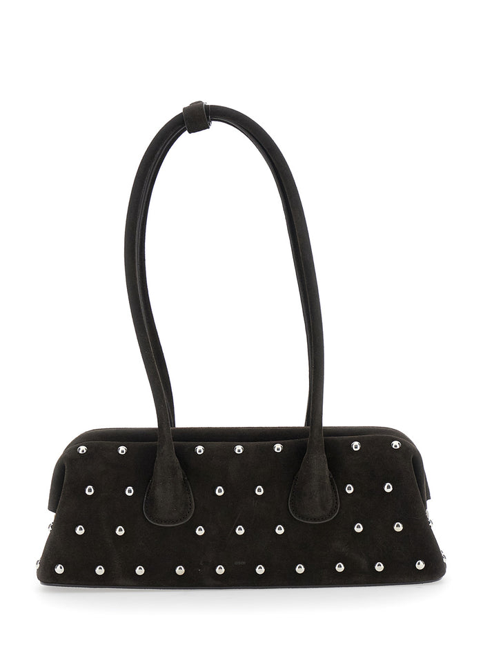 Boat Wide Mini Brown Shoulder Bag with Round Handles and Beaded Embellishment in Suede Woman Cow