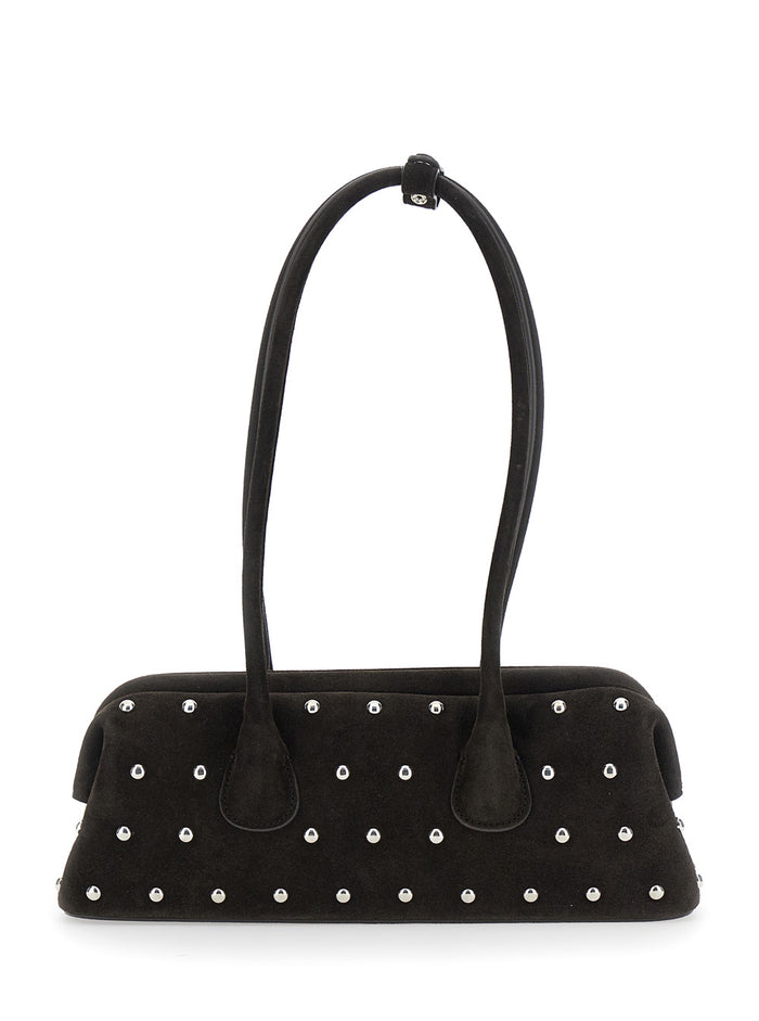 Boat Wide Mini Brown Shoulder Bag with Round Handles and Beaded Embellishment in Suede Woman Cow