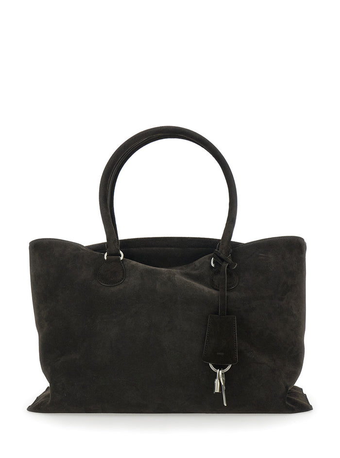 Shell Brot Large Brown Shopper with Two Handles and Key Pendant in Suede Woman Cow Tote Bags